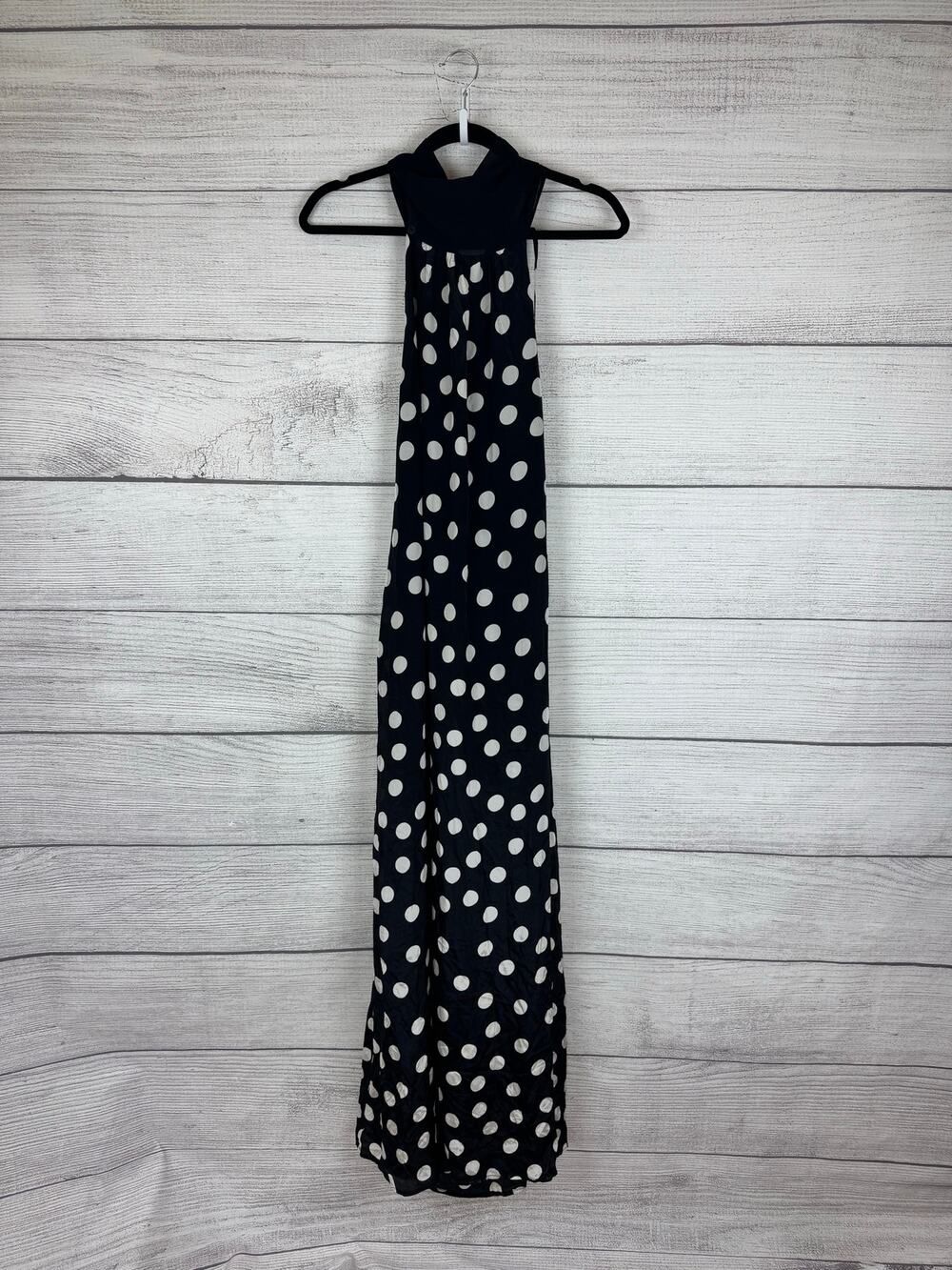 Femme Society Womens Black White Polka Dot Satin Tie Neck Maxi Dress Size Medium